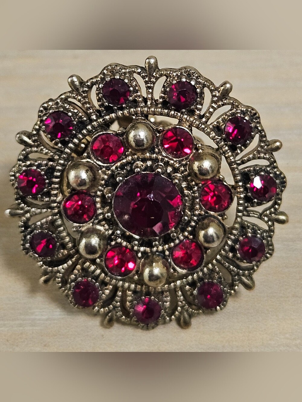 Vintage Red Crystals Brass Rhinestone Ring Stretch Band Chunky Cocktail OS